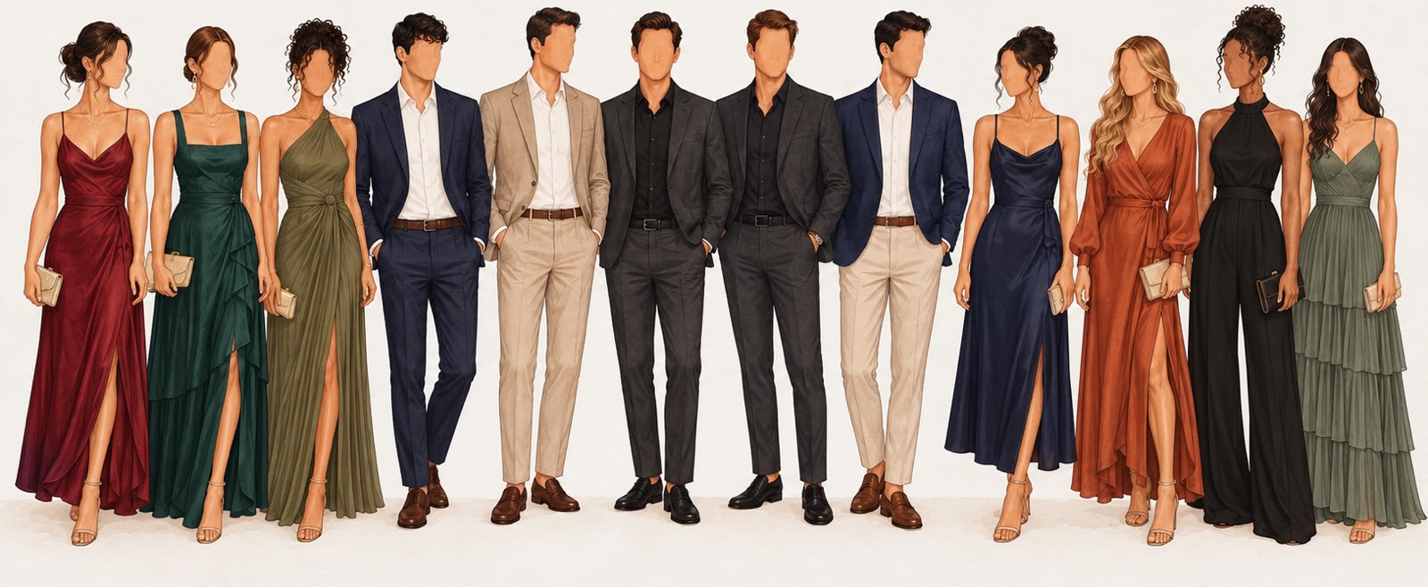 Referência visual do dress code — trajes elegantes para a celebração